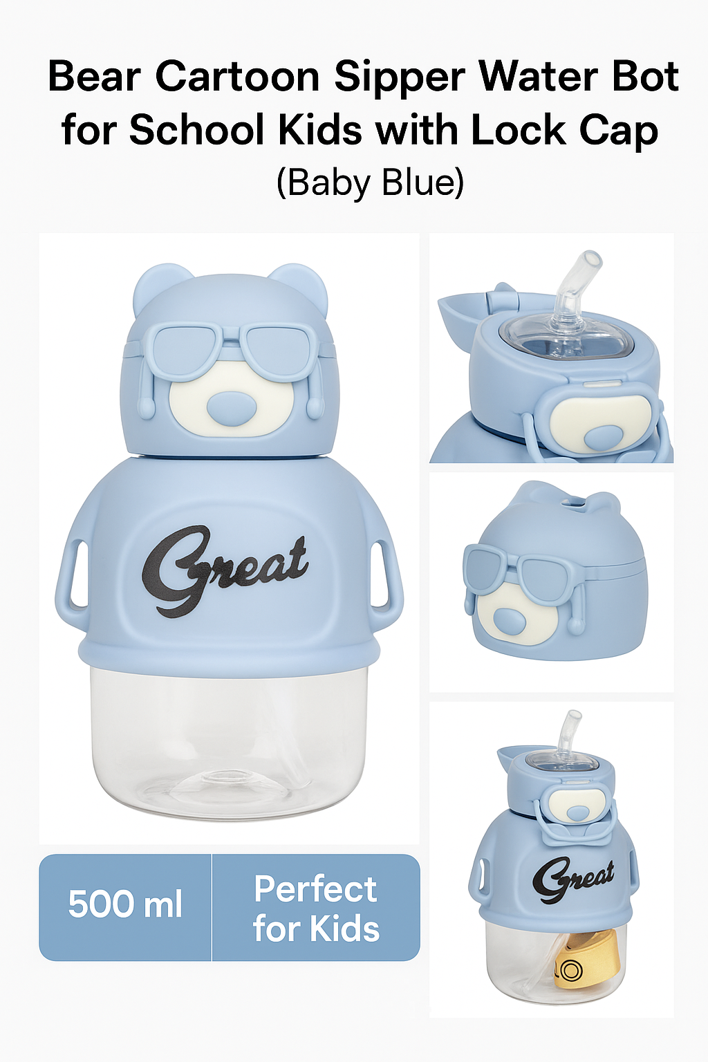 Great" Sipper Water Bottle with Straw & Carry Strap | Cute Design for Kids/Travel | Spill-Proof