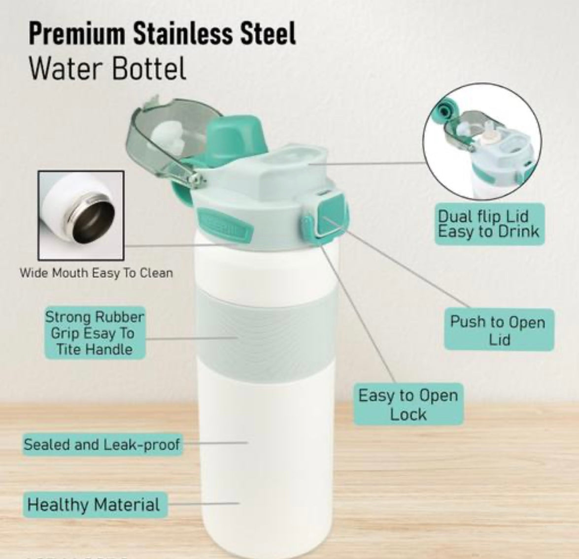 Premium Stainless Steel Sports Water Bottle (800ml) - Leak-Proof with One-Touch Flip Lid & Safety Lock
