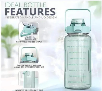 Motivational Water Bottle with Time Marker & Straw | Leak-Proof BPA-Free Bottle for Gym, Office & Outdoor | 2L Drinking Reminder Bottle for Fitness & Daily Hydration